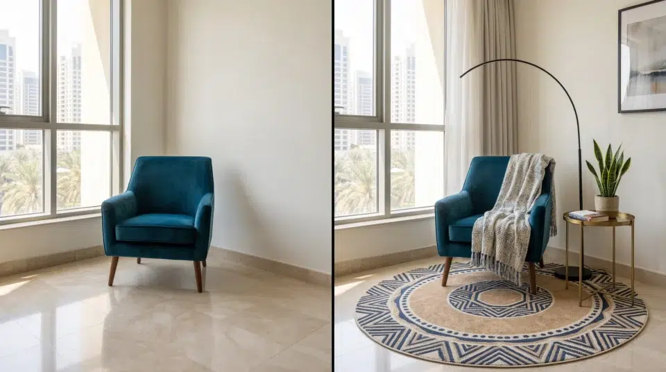 Accent chair mistake, no rug, no side table. Al Barsha, Dubai, UAE, before and after anchored vignette, Karnak Home