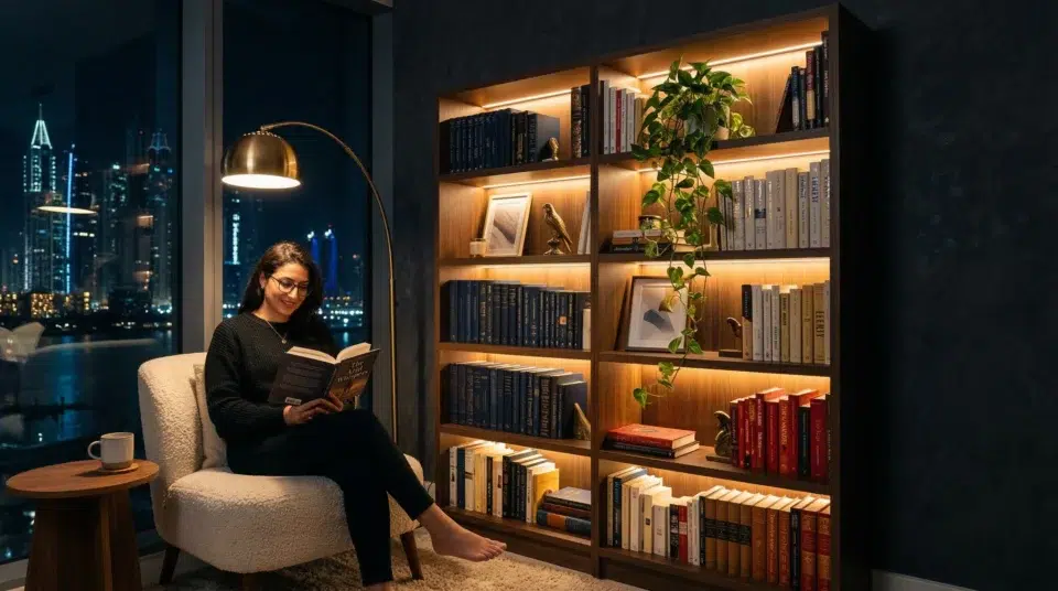 Bookshelf aesthetic Dubai 2026 warm LED strip lighting bookcase at night in Dubai Marina apartment, Karnak Home UAE