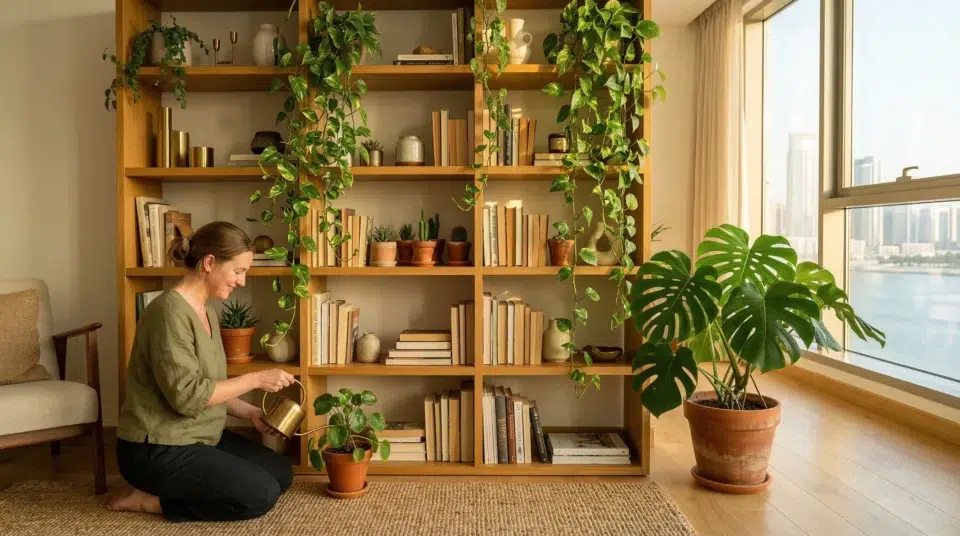 Biophilic bookshelf styling, Dubai honey oak bookcase with trailing plants and earthy tones, Karnak Home UAE