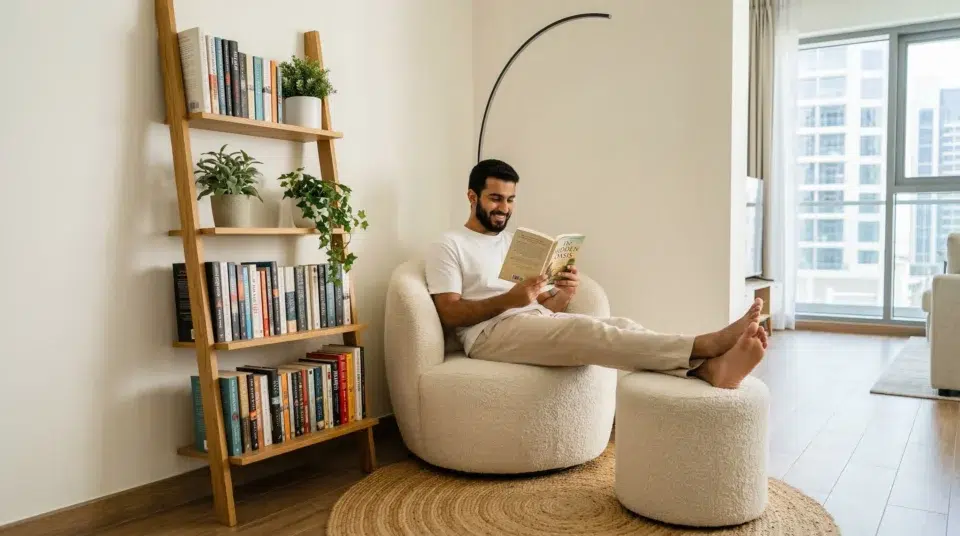 Reading nook UAE apartment Business Bay corner with ladder bookcase bouclé chair and arc lamp, Karnak Home