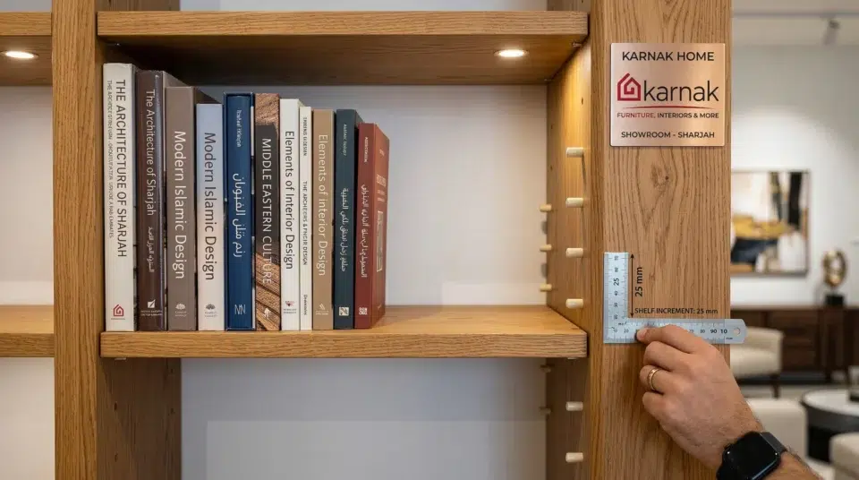 Bookshelf depth UAE adjustable shelf mechanism and load distribution in Karnak Home Sharjah showroom