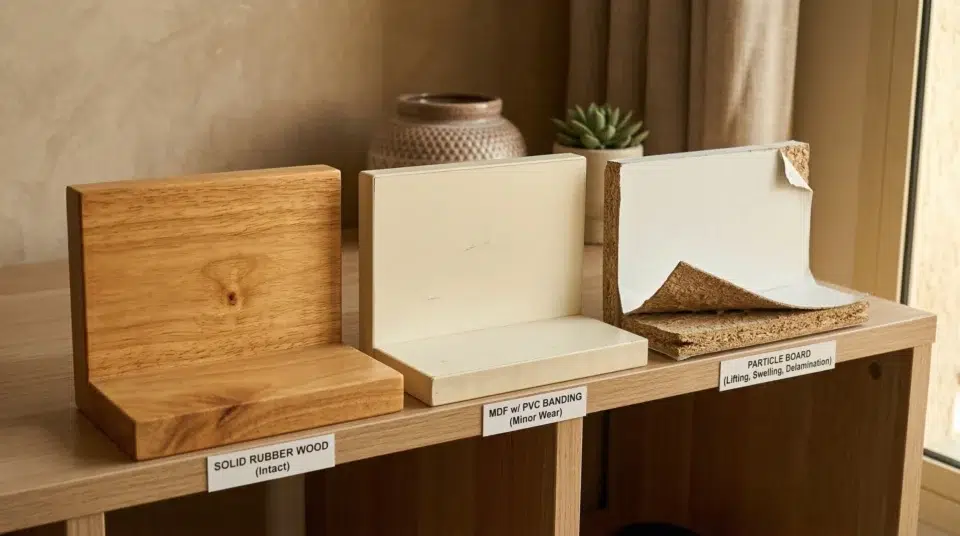 Bookshelf material guide UAE rubber wood intact versus MDF and particle board humidity damage comparison, Karnak Home