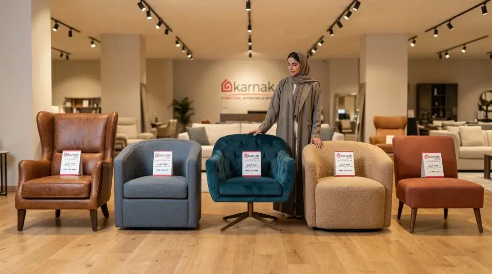 Accent chair styles range UAE showroom comparison wingback barrel swivel bouclé, Karnak Home
