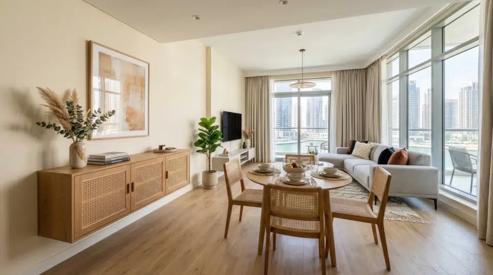 Floating rattan sideboard JLT apartment — wall-mounted buffet UAE 2026 trend, Karnak Home