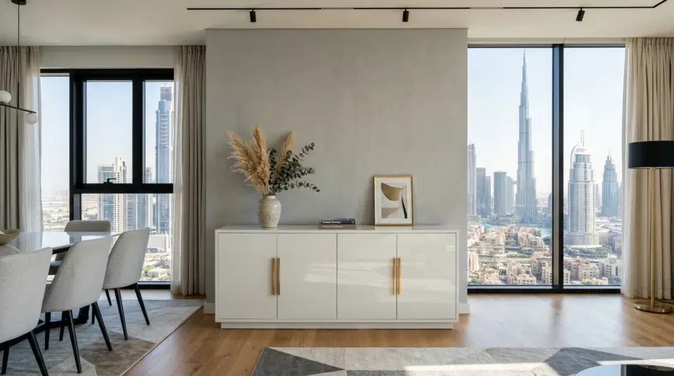 Buffet material guide UAE — family consultation in Karnak Home Sharjah showroom, material selection