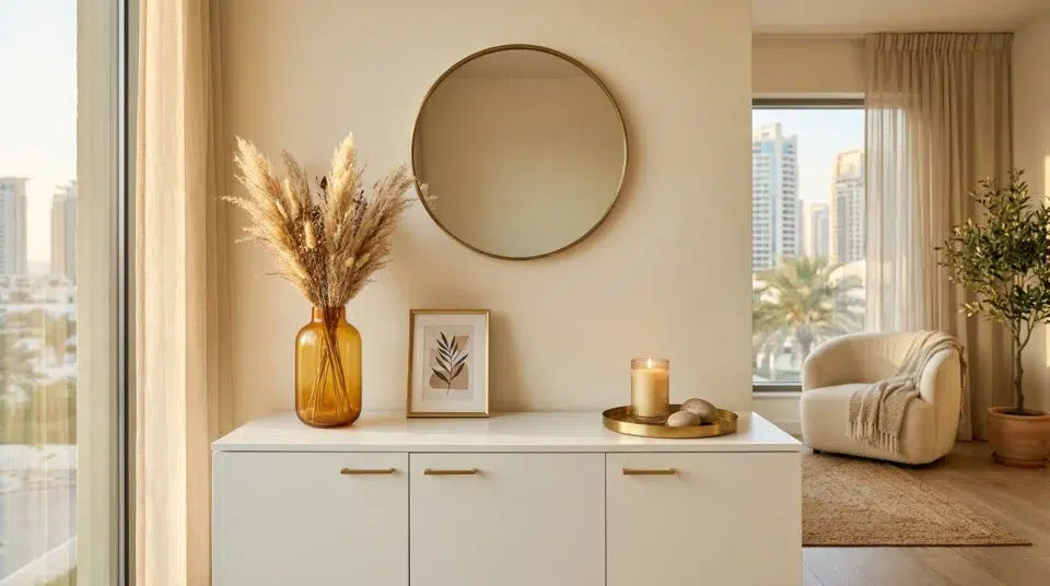 Slim buffet cabinet Dubai — 150cm high-gloss white sideboard in Business Bay apartment, Karnak Home UAE