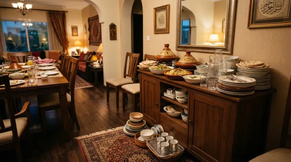 Cheap buffet furniture Dubai styled to look expensive — white melamine sideboard in JVC apartment, Karnak Home UAE