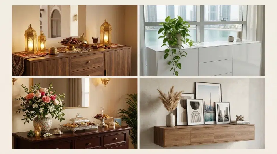 Buffet styling ideas UAE — four home contexts: Ramadan, minimalist, Eid, contemporary, Karnak Home Dubai