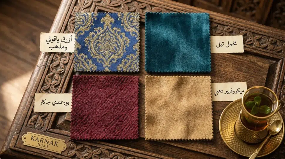 Majlis furniture fabric materials UAE — brocade jacquard performance velvet comparison Karnak Home