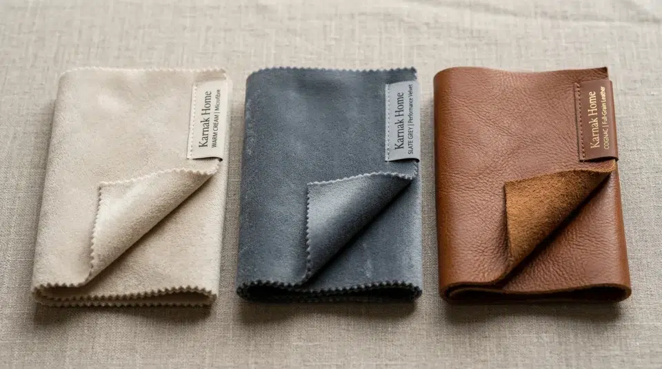 Sofa fabric materials UAE — microfibre velvet leather comparison Karnak Home