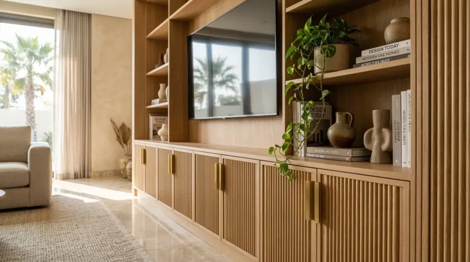 Fluted TV unit living room UAE 2026 — warm oak media console Karnak Home