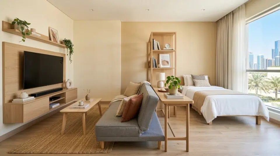 Studio apartment furniture layout UAE Abu Dhabi — sofa bed zone divider Karnak Home 2026