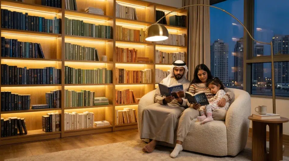 Home library ideas, Dubai apartment evening reading warm LED bookcase honey oak JVC family, Karnak Home UAE