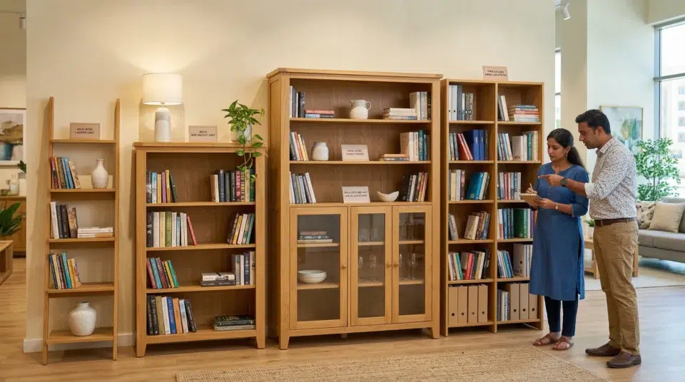 Bookshelf buying guide UAE four size categories in Karnak Home Sharjah showroom compact standard wide modular