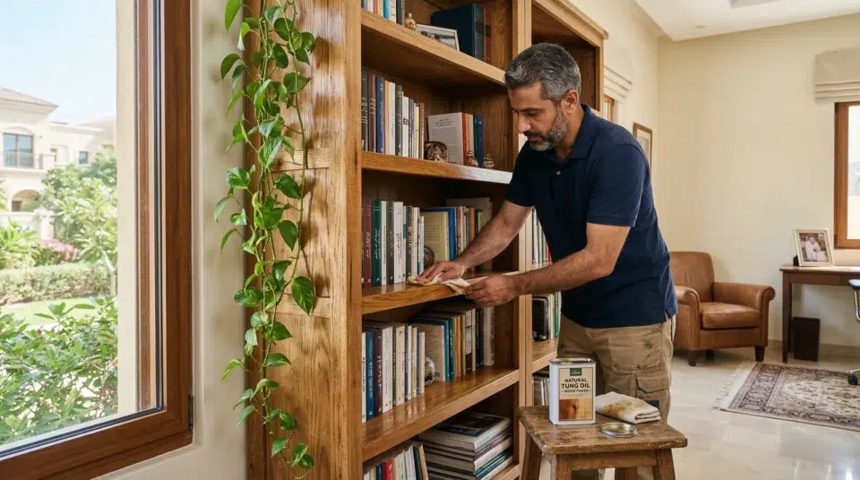 Wooden bookshelf UAE maintenance tung oil treatment solid oak bookcase in Abu Dhabi villa study, Karnak Home