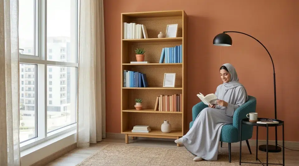 Bookcase price Dubai AED 1500 complete reading corner JVC apartment rattan bookcase teal accent chair, Karnak Home UAE
