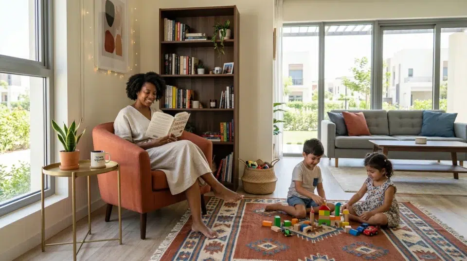 Mid-range accent chair, Town Square Dubai family home terracotta barrel chair styled corner, Karnak Home