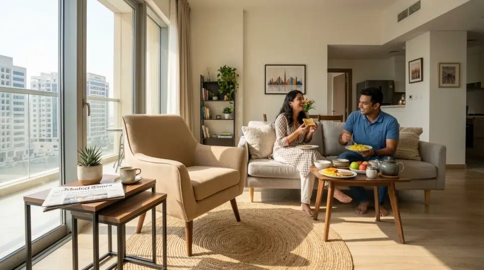 Mid-range compact accent chair Al Nahda Dubai apartment living room warm sand morning light, Karnak Home