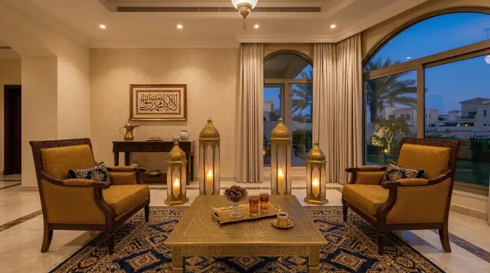 Arabic accent chair pair Arabian Ranches villa UAE premium heritage gold carved walnut dusk, Karnak Home