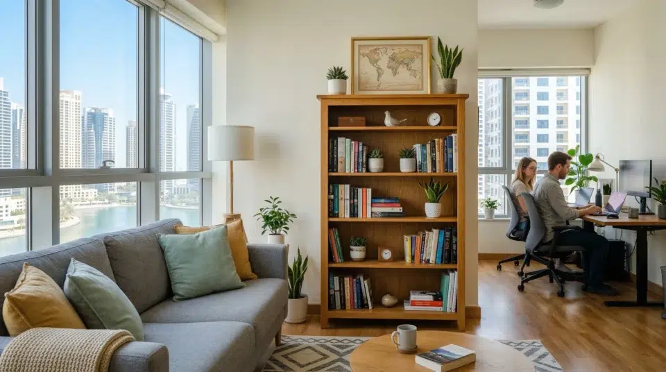 Bookshelf for apartment Dubai JLT mid-range honey oak unit in styled living room, Karnak Home UAE