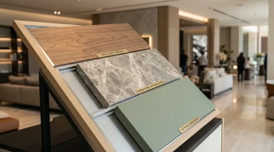 Buffet materials 2026 UAE — walnut veneer, sintered stone, sage lacquer comparison, Karnak Home