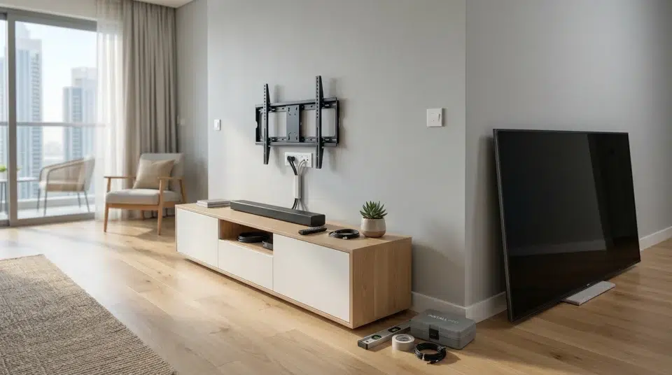Karnak Home installation — TV bracket and buffet combined setup in Dubai apartment, UAE free installation