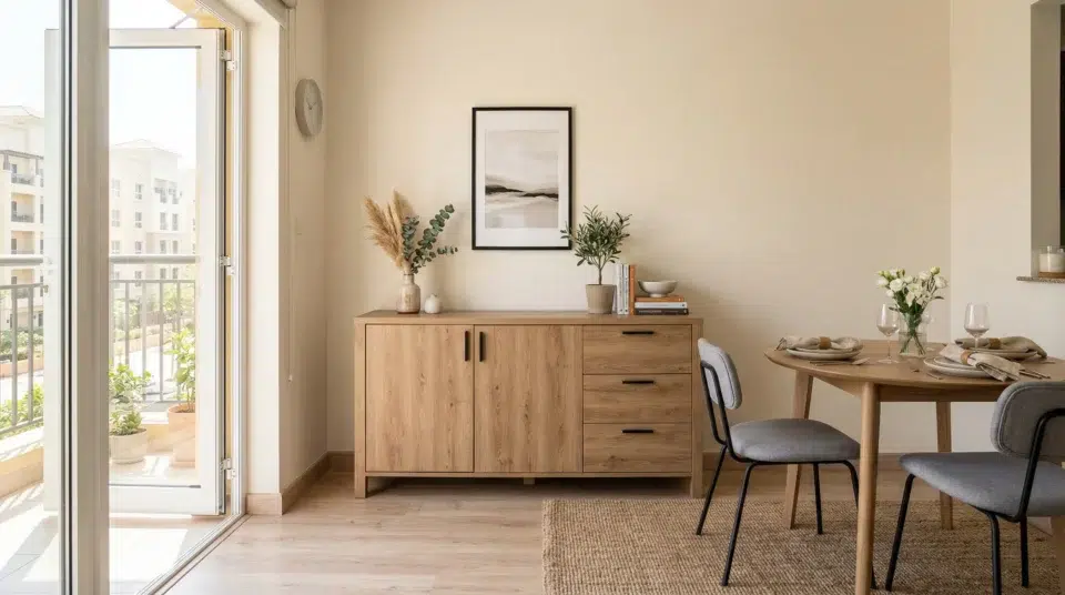 Buffet size measurement Dubai apartment — Karnak Home delivery team measuring dining wall before installation