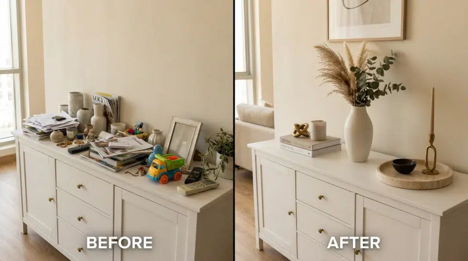What to put on buffet Dubai — before and after styling comparison, UAE apartment transformation, Karnak Home