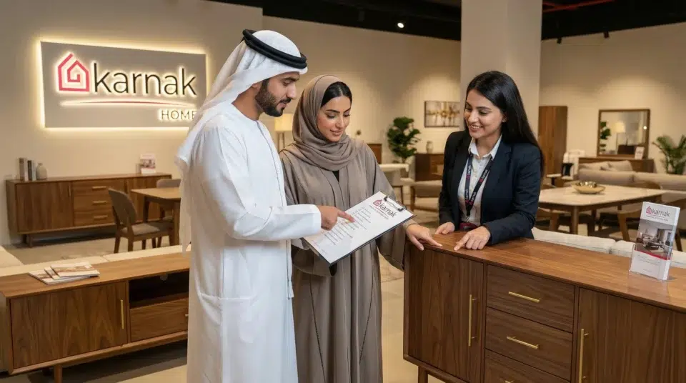 Sideboard buying tips, Dubai, couple consulting Karnak Home advisor with checklist in Sharjah showroom UAE