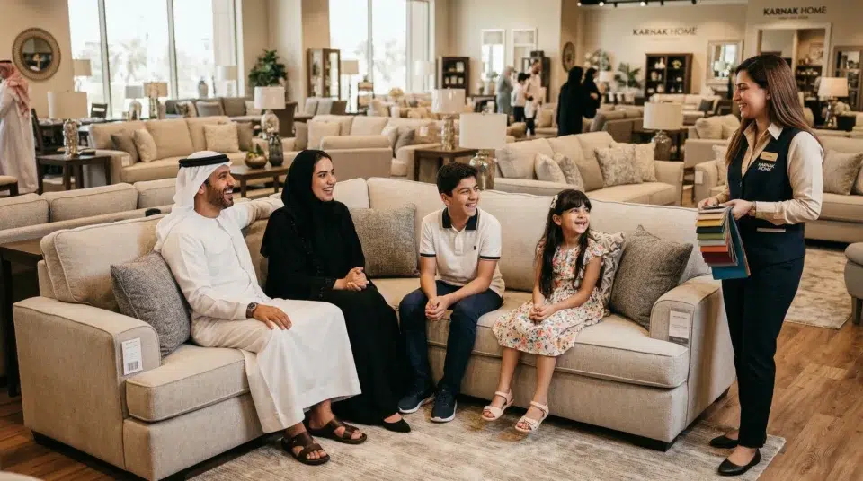 UAE family choosing living room sofa Karnak Home showroom Dubai 2026