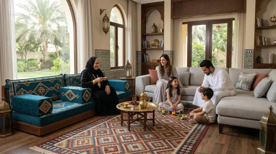 UAE family using blended majlis and modern living room — multi-generational Arabic home Karnak Home 2026