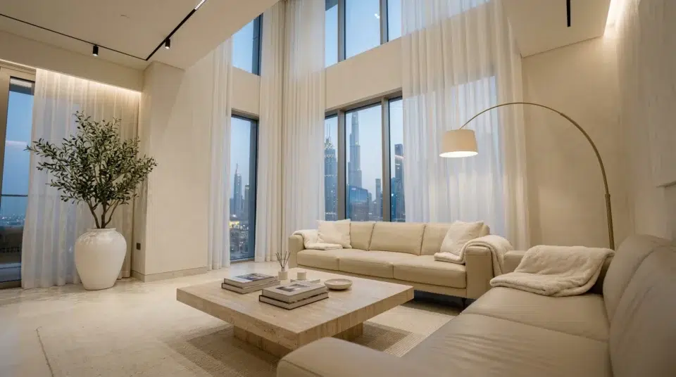 Quiet luxury living room UAE 2026 — leather sofa travertine table DIFC Karnak Home