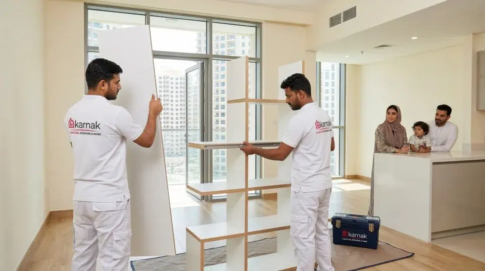 Karnak Home team installing modular bookcase system Dubai apartment JVC free installation UAE, Karnak Home