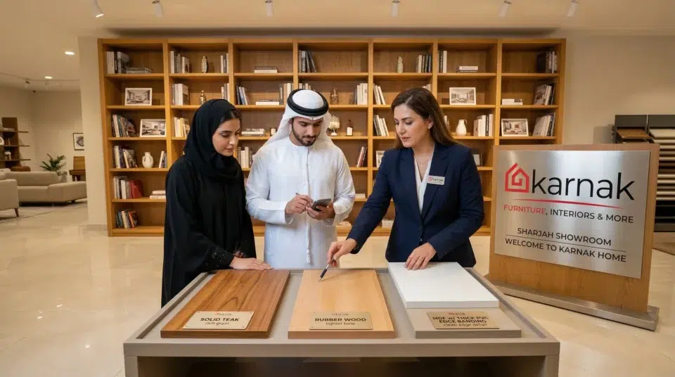 Bookshelf material guide UAE Karnak Home consultant showing teak rubber wood and MDF samples in Sharjah showroom