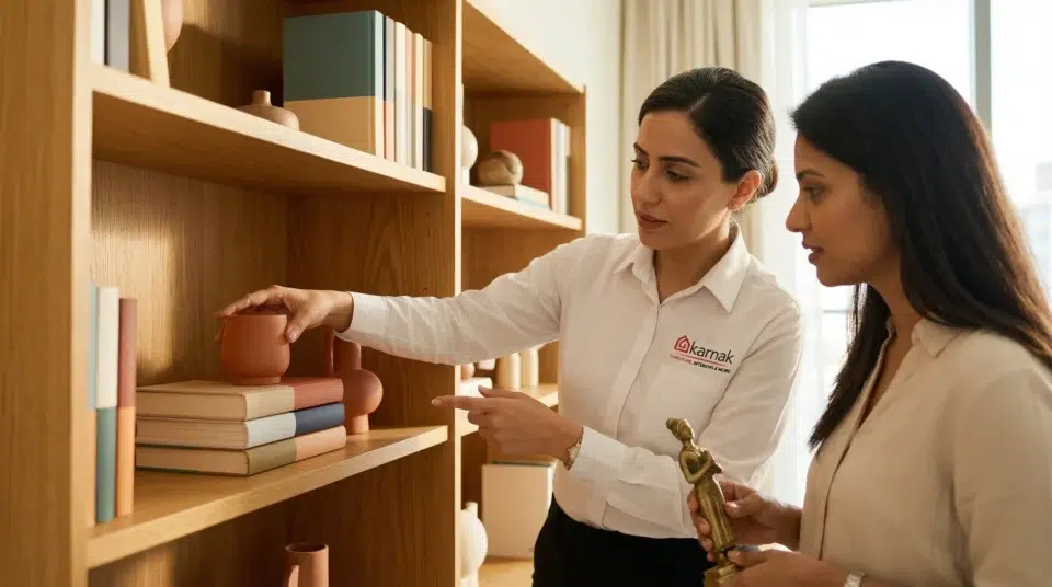 Bookcase décor tips UAE Karnak Home design consultant styling bookcase with Dubai Hills homeowner, Karnak Home