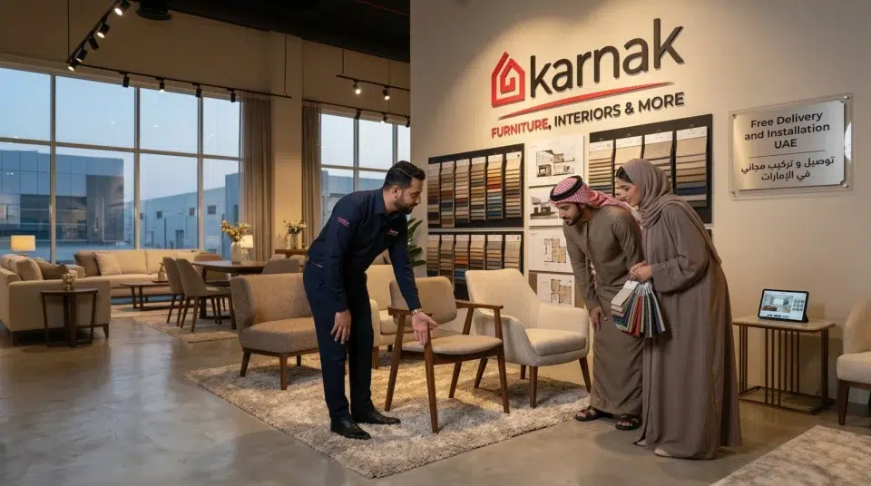 Karnak Home showroom Sharjah accent chair buying consultation UAE couple with consultant