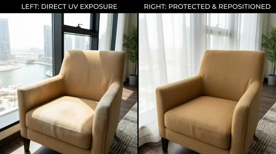 Accent chair UV sun damage Dubai Marina UAE south-facing window before and after protection fix, Karnak Home
