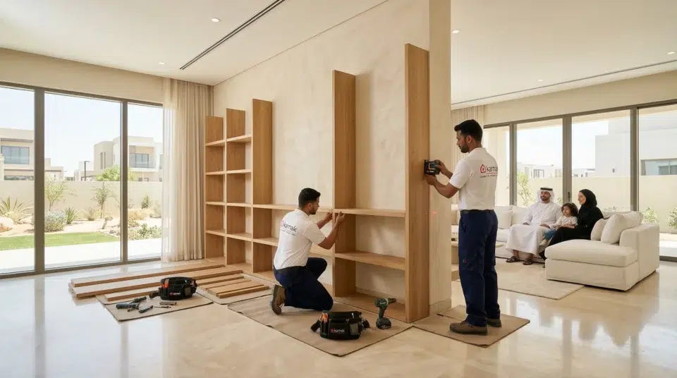 Karnak Home team installing tall bookshelf Dubai villa in Arabian Ranches, UAE free installation service