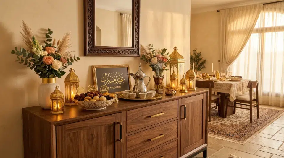 Buffet trends UAE 2026, walnut sideboard styled for Eid in Sharjah villa, Karnak Home
