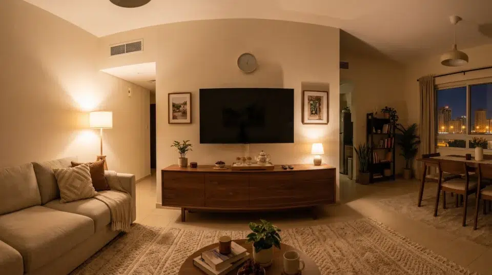 Buffet TV unit UAE family — walnut sideboard and wall TV in Sharjah apartment, Karnak Home UAE