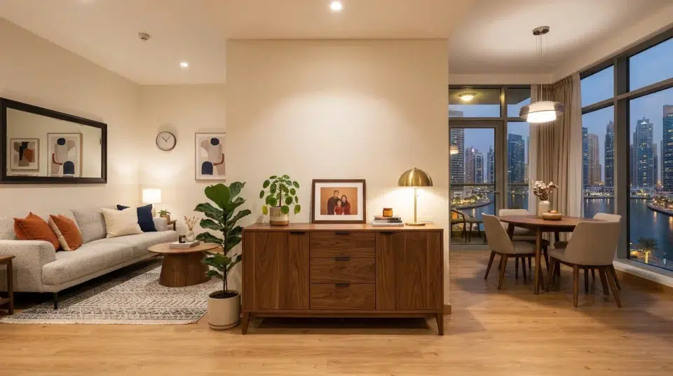 Durable buffet furniture Dubai — well-maintained walnut sideboard after five years in Mirdif villa, Karnak Home