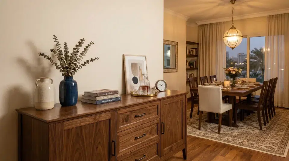 Buffet size JLT Dubai apartment — 150cm walnut sideboard in a family two-bedroom, Karnak Home UAE