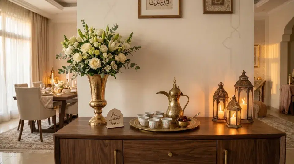 Buffet top decor UAE Eid — Arabic coffee service and gold lanterns on dark walnut sideboard, Karnak Home Dubai