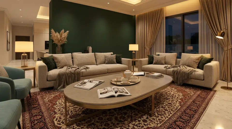 Center table Abu Dhabi villa Emirati family evening scene with sintered stone oval table, Karnak Home UAE 2026