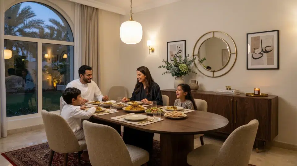 Buffet buying mistakes UAE avoided — perfect walnut sideboard in Sharjah villa family dining room, Karnak Home