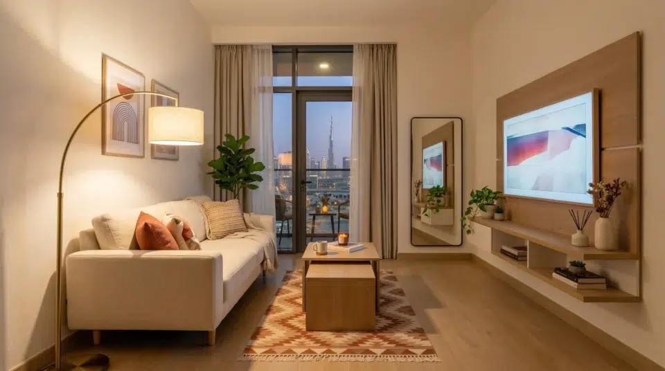 Completed small living room UAE apartment reveal 2026 — compact furniture Karnak Home Dubai