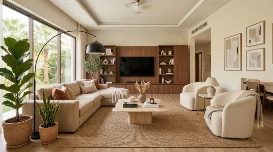 Complete living room furniture UAE villa 2026 — corner sofa TV unit accent chairs Karnak Home