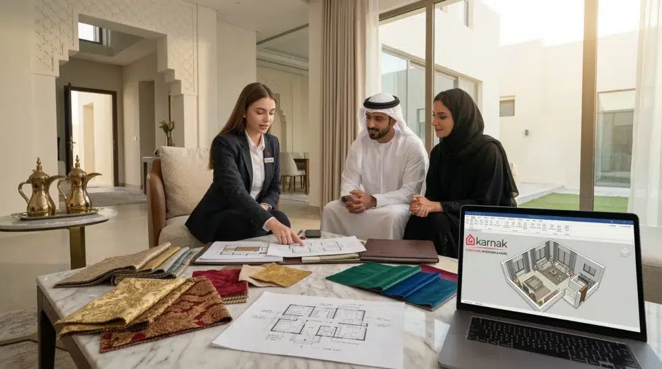 Karnak Home majlis living room design consultation UAE villa — traditional and contemporary furniture planning