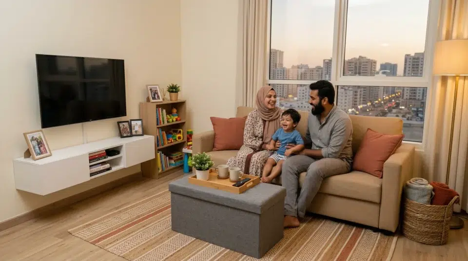 UAE family budget living room Sharjah apartment 2026 — affordable furniture Karnak Home