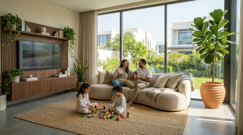Trend-forward UAE family living room Dubai Hills villa 2026 — bouclé sofa biophilic Karnak Home